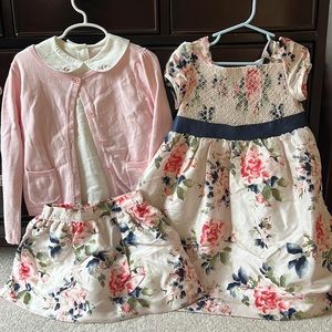 Jamie and Jack set. Dress and sweater, shirt and skirt silk set. 4t. Twins.